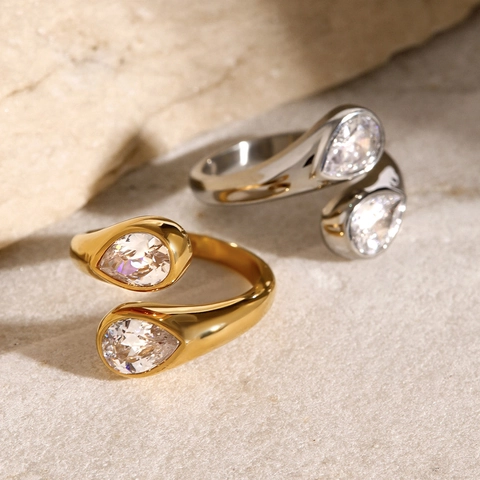Waterdruppel Verstrengelde Open Ring Roestvrij Staal 18K Verguld Peer Zirkonia Verstelbare Sieraden Voor Vrouwen
