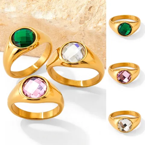 Vintage Siegelring Edelstahl Vergoldet Runder Zirkon Eingelegt Retro Breitband Modeschmuck Für Frauen