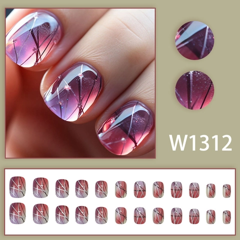 Purple Pink Gradient Press On Nails Short Square False Nails Silver Black Geometric Lines Aesthetic DIY Manicure For Women