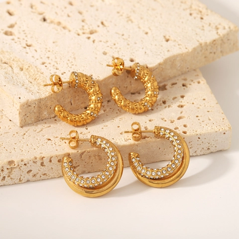 Boucles Oreilles Créoles Acier Inoxydable Femme Forme C Plaqué Or 18K Texture Torsadée Double Cercle Strass Bijoux Luxe