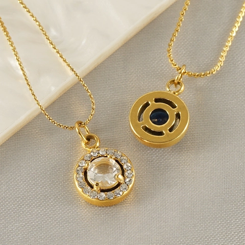 Collana Con Pendente Tondo Placcata Oro 18K Acciaio Inossidabile Halo Pietra Zircone Gioielli Eleganti Per Donna