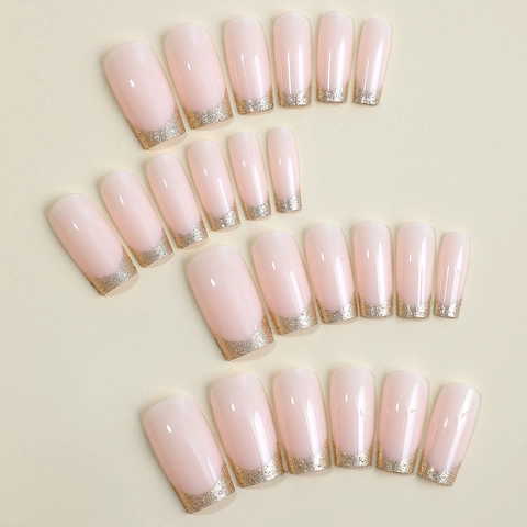 Coffin Shape Press On Nails Gold Glitter French Nude Pink Glossy Long Artificial False Nails For Women Party Decoration
