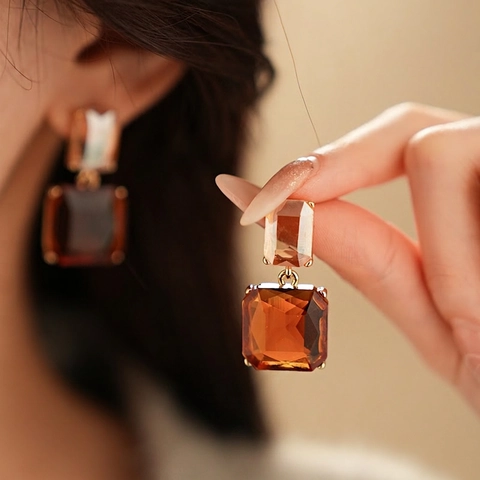 Square Double Layer Drop Earrings With Rhinestone Alloy And Silver Earring Post Geometric French Retro Style Women