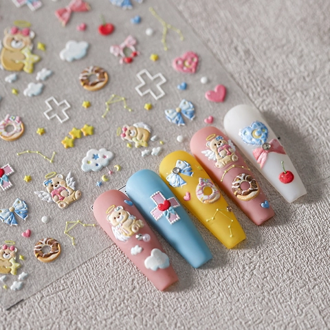 Pegatinas Uñas Relieve 5D 3D Relieve Dibujos Animados Ángel Oso PET Auto Adhesivo Manicura Decals DIY Estilo Macaron