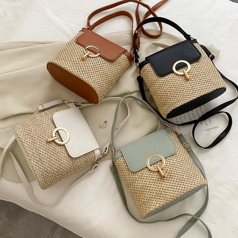 Straw Woven Bucket Bag PU Leather Splicing Metal Round Buckle Crossbody Shoulder Handbag For Women Beach Vacation Chic