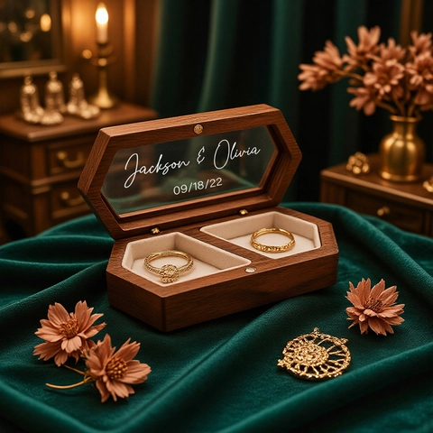 Hexagonal Wooden Jewelry Box Walnut Color Ring Display Case With Glass Window Vintage Double Slot Jewelry Storage Box For Wedding Party Travel