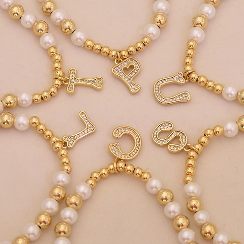 Bracciale Con Ciondolo Lettera Iniziale Künstliche Perle Imitazione Ottone Placcato Oro Strass Moda Personalizzata Per Donna