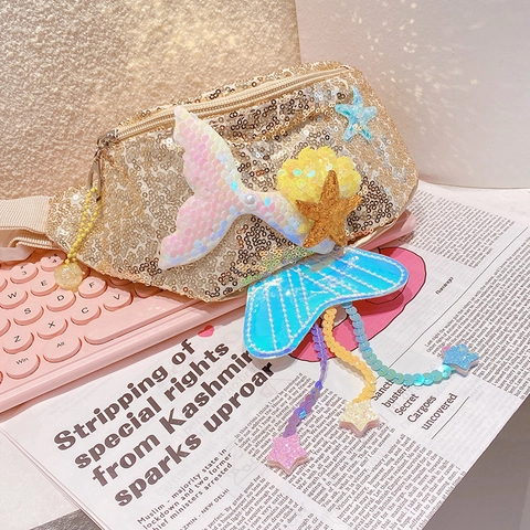Mermaid Tail Sequin Waist Bag For Kids Girls Shiny Fanny Pack With Starfish Shell Decor Adjustable Strap Travel Casual