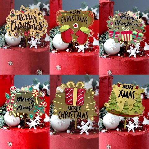 Merry Christmas Cake Topper Acrylic Printed Festive Tree Bell Gift Box Pattern Dessert Decoration Party Supplies