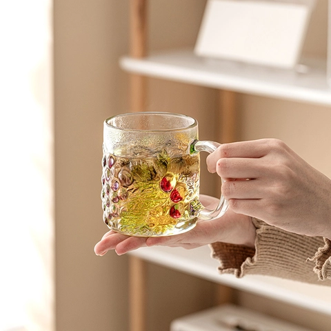 Tazza In Vetro Uva Dipinta A Mano Rilievo Frutta Cristallo Tazza Da Caffè Con Manico Stile Ins Vintage Decorativo