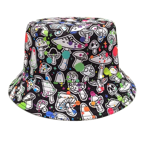 Retro Paddestoel Print Vissershoed Polyester Kleurrijke Graffiti Dubbelzijdig Zonbescherming Outdoor Street
