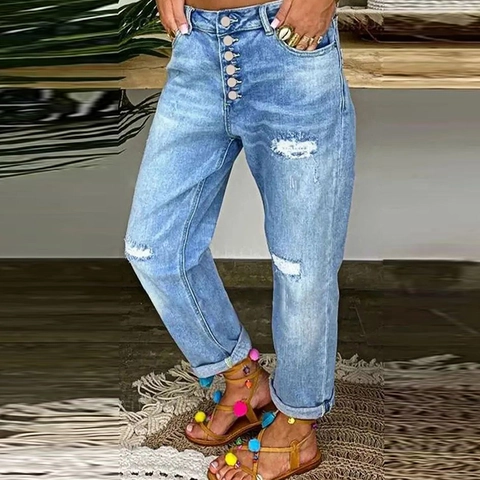Jeans In Denim Di Cotone Strappati Da Donna Gamba Dritta Blu Chiaro Distressed Multi Bottoni Casual Streetwear Pantaloni