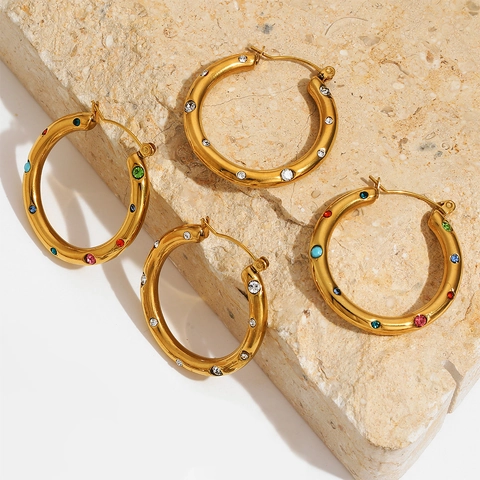 Stainless Steel Hoop Earrings With Multi-Color Rhinestones Gold Silver Plated Geometric Round Fashion Jewelry For Women