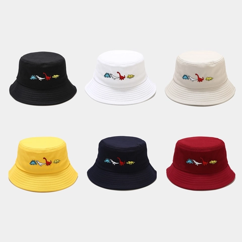 Cappello Da Pescatore Cotone Ricamo Dinosauro Pieghevole Protezione Solare Outdoor Casual Cartone Animato Unisex