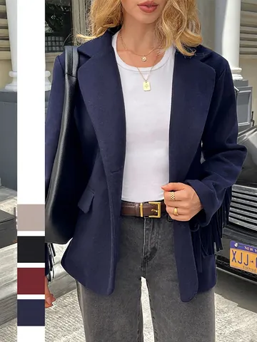 Giacca Retro Donna Bordo Frange Nappe Colore Solido Elegante Cappotto Misto Lana Manica Lunga