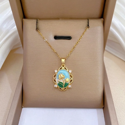 Collier Pendentif Tulipe Chaîne En Acier Inoxydable Cuivre Émail Style Jardin Monet Bijoux Floraux Femme