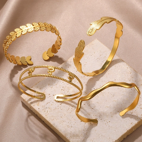 Edelstahl Manschette Armband Gold Vergoldet Verstellbar Offener Armreif Herz Hohl Geflochten Kette Geometrischer Schmuck Damen