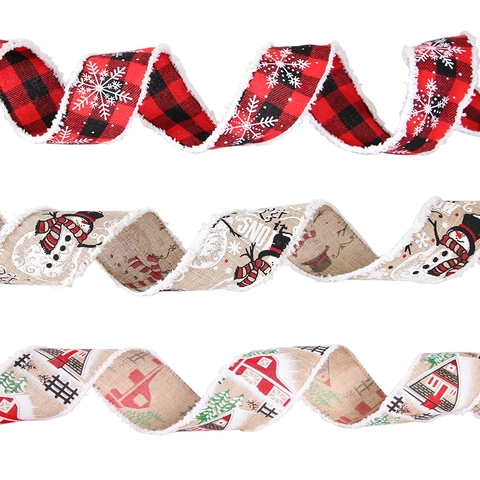 Weihnachten Leinenband Mit Kunstpelzkante Schneemann Rotes Haus Buffalo Plaid Schneeflocke Bedrucktes Stoffband Für Weihnachtsbaum Geschenkbox Verpackung Dekoration
