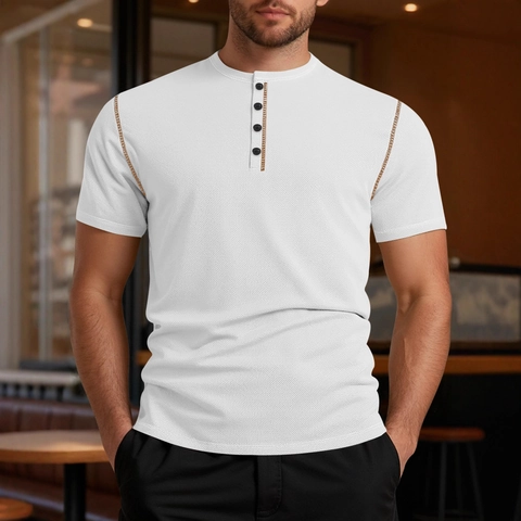 Herren Henley Shirt Kurzarm Waffelstruktur Knopfleiste Atmungsaktiv Lässig Retro Color Block Oberteil Für Männer