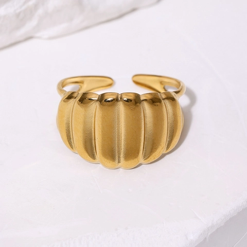 Croissant Open Ring Stainless Steel Gold Plated Adjustable Ribbed Wave Texture French Retro Minimalist Jewelry For Women