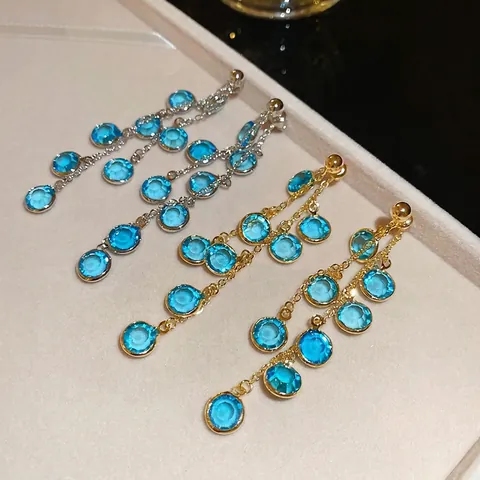 Orecchini Lunghi A Nappa Con Perno In Argento Sterling 925 Lega Placcato Oro Perle Di Vetro Blu Moda Donna