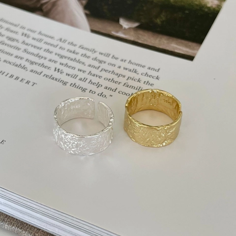 925 Sterling Silber Ring Hammerschlag Textur Unregelmäßig Breit Oberfläche Offen Verstelbar Minimalistischer Schmuck