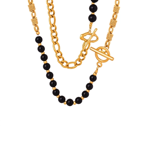 Vintage Stainless Steel Black Agate Splice Chain Necklace For Women Gold Plated Toggle Clasp Fashion Minimalist Jewelry Gift