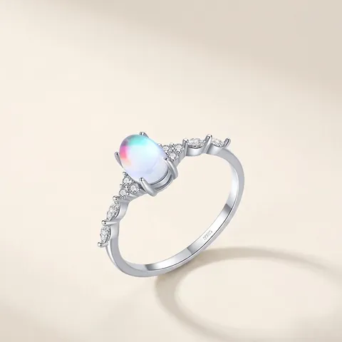 Anillo de Plata de Ley S925 Piedra de Luna Ovalada para Mujer Vintage Minimalista Incrustado Strass Geométrico Joyería Regalo
