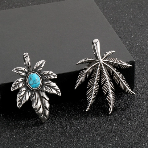 Vintage Blatt Anhänger Halskette Edelstahl Punk Türkis Eingelegt Herren Schmuck Accessoire