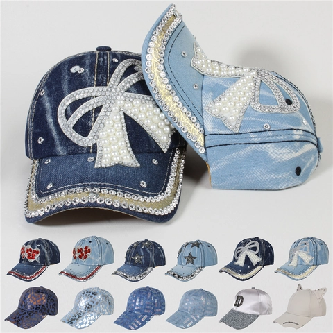 Casquette de Baseball en Denim Polyester pour Femmes Avec Strass et Perles Artificielles Nœud Étoile Cœur Motif Chapeau Pare-soleil Réglable