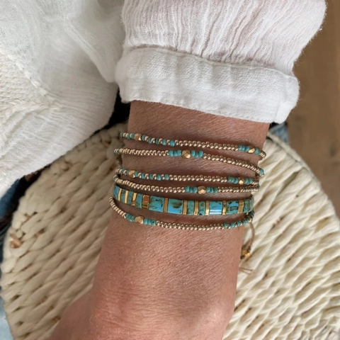 Bracelet Perles Tila Bohème Fait Main Alliage Tissé Ajustable Turquoise Or Superposable Bijoux Mode Femmes Hommes