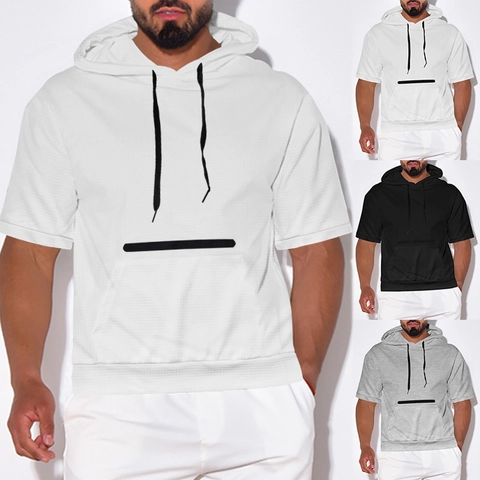 T-Shirt Con Cappuccio Da Uomo Maglia A Nido D'Ape Manica Corta Casual Tinta Unita Top Estivo Urbano Coulisse Tasca Marsupio