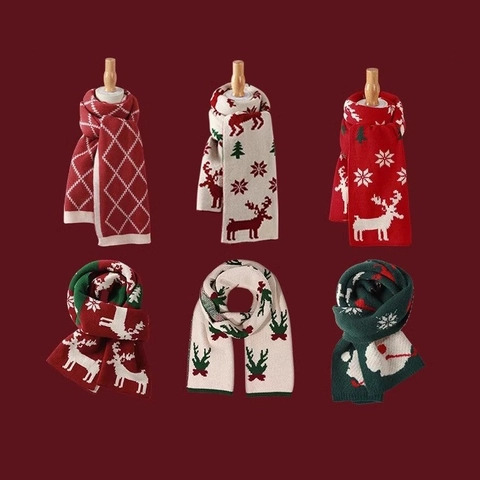 Sciarpa In Maglia Di Natale Acrilica Calda Inverno Renna Fiocco Di Neve Fantasie Festive Per Donne Uomini Bambini