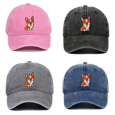 Casquette De Baseball Vintage Coton Lavé Broderie Chien Corgi Ajustable Unisexe Chapeau De Soleil Décontracté