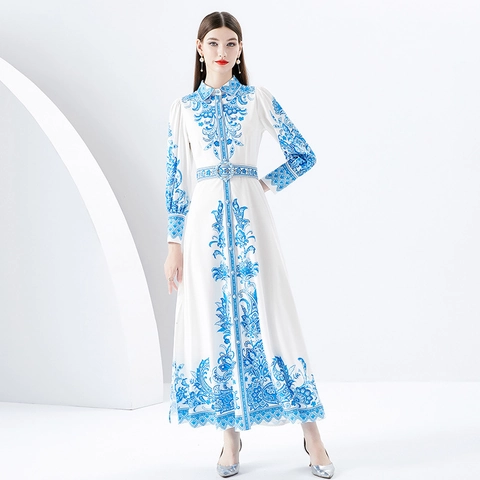 Dames Maxi Jurk In Retro Paleisstijl Blauw Witte Bloemenprint Revers Lantaarnmouwen Elegante Vintage Jurk Met Lange Mouwen En Riem