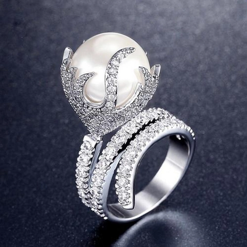 Artificial Pearl Ring Copper Micro Inlaid Zirconia Elegant Luxury Palace Style Jewelry For Women Banquet Accessories