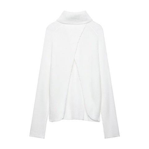 Women High Neck Knit Sweater Back Split Loose Pullover Long Sleeve Solid Color Elegant Fashion Casual Knitwear
