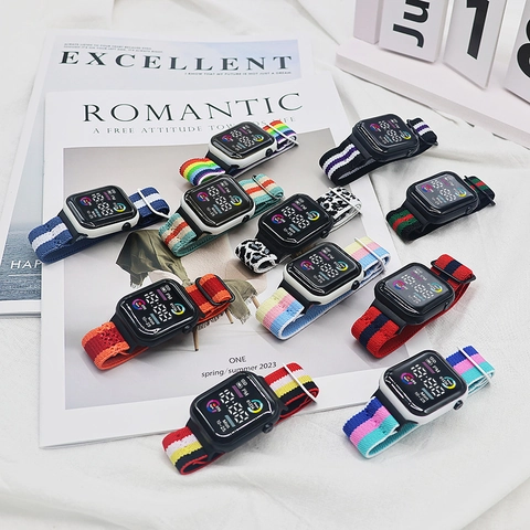 Fashion Square Digital LED Electronic Watch For Students Women Colorful Nylon Braided Strap Sports Timekeeping Watch Accessory