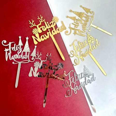 Weihnachten Tortenaufsatz Spanisch Feliz Navidad Acryl Spiegel Geweih Schneeflocke Baum Design Party Deko Topper