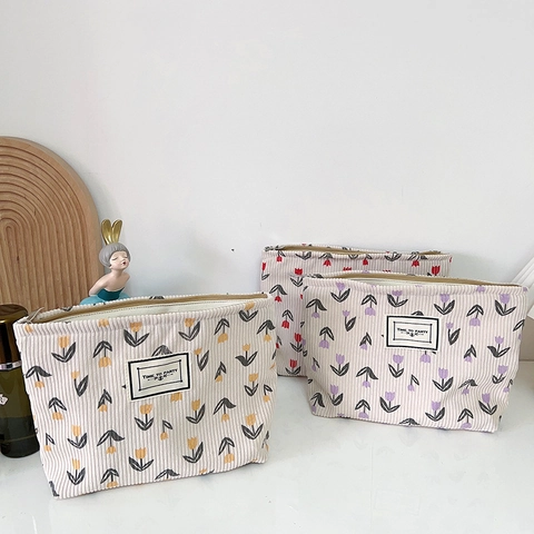 Borsa Per Trucco In Velluto A Coste Con Stampa Di Fiori Di Tulipano Pochette Cosmetica Portatile Da Viaggio Per Donna