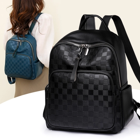 Mochila De Cuadros Mujeres Cuero PU Gran Capacidad Impermeable Casual Diario Viaje Moda Bolso De Hombro Elegante