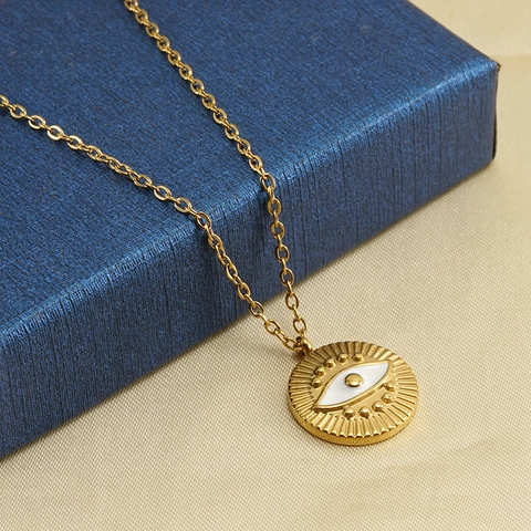 Böser Blick Halskette 18K Vergoldeter Edelstahl Runder Anhänger Weißes Emaille Mode Schmuck Für Frauen Einfach Ästhetisch