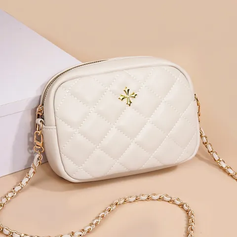 Borsa A Tracolla Trapuntata Donna Pelle PU Motivo Rombi Decoro Croce Metallo Borsa Catena Piccola Borsa Quadrata Stile Fotocamera