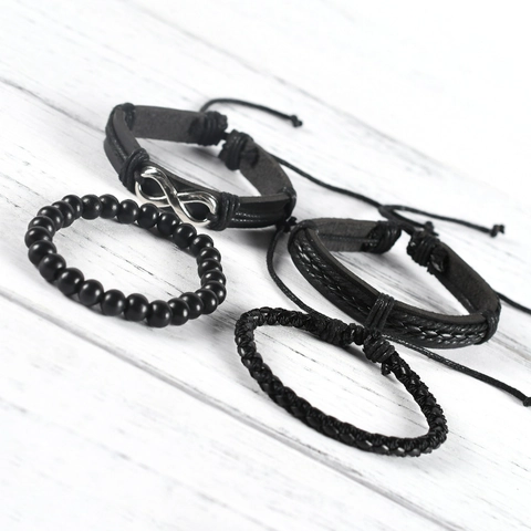 Vintage Black Leather Bracelet Set For Men Handmade Braided Cord Infinity Symbol Adjustable Retro Fashion Jewelry Combo