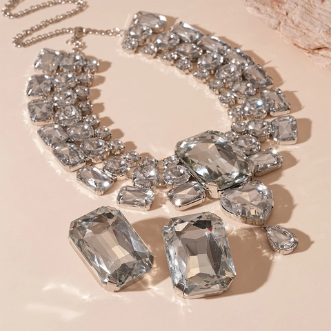 Rhinestone Heart Geometric Statement Necklace And Earrings Jewelry Copper With Silver Earring Post Women