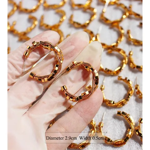 Vintage Brass C-Shaped Hoop Earrings For Women Real Gold Plated With 925 Sterling Silver Post Geometric Cube Beaded Punk Jewelry
