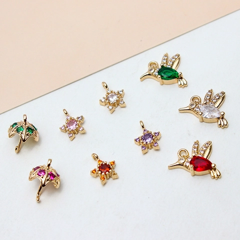 DIY Copper Gold Plated Bird Star Umbrella Charm Pendant Rhinestone For Jewelry Making Necklace Bracelet Earring Accessories