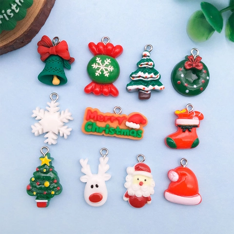 Christmas Charms Resin Pendants For DIY Jewelry Making Santa Claus Tree Snowflake Wreath Bell Mixed Styles