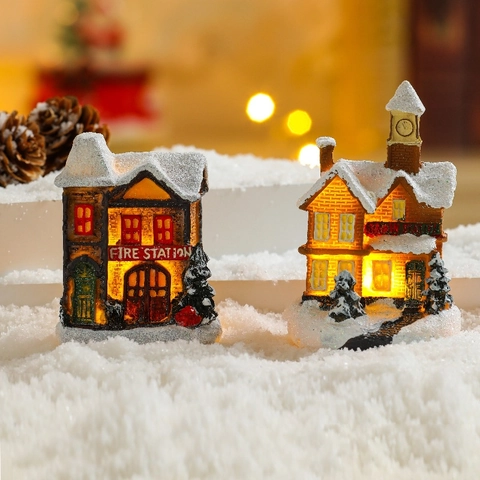 Christmas Luminous House Miniature Village Resin Snow Scene LED Lighted Ornaments Desktop Festive Decor