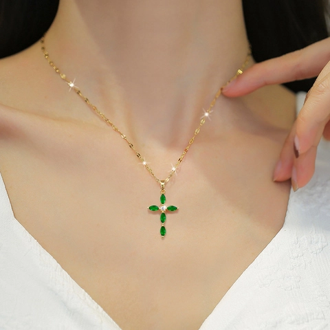 Marquise Cubic Zirconia Cross Pendant Necklace Titanium Stainless Steel Chain Copper Micro Inlaid Elegant Jewelry